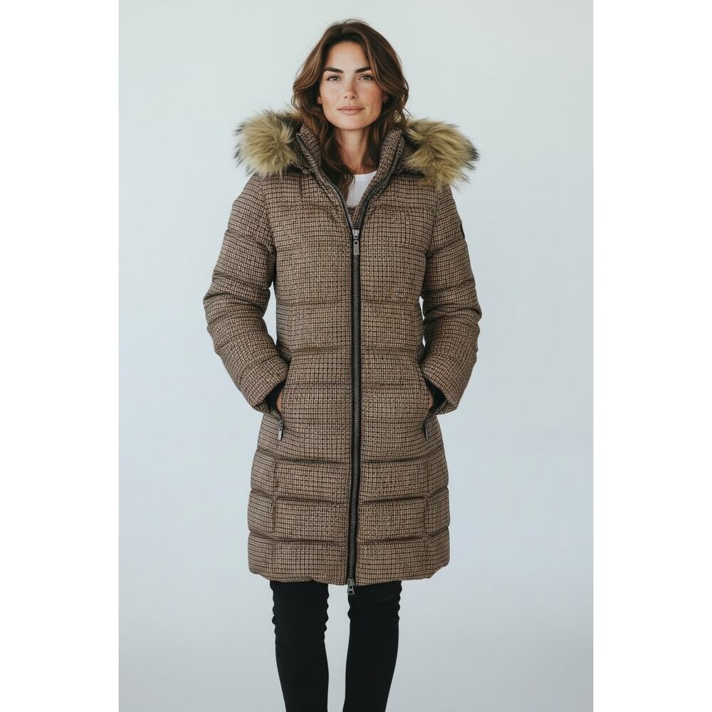 C-RO Denmark Houndstooth 2-Way Stretch Puffer Coat with Faux Fur‎ Hood Size 4
